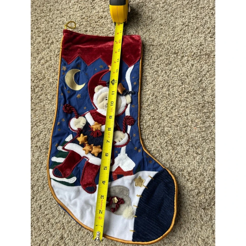 Vintage Appliqué Christmas Stocking  Blue Velvet Santa Teddy‎ Bear Stars Moon